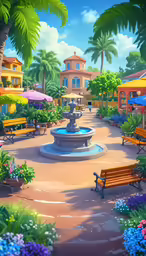 a drawing of a park and fountain filled with colorful flowers