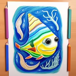 this painting is colored by a child it has a colorful fish in the water,a drawing of a fish that has a rainbow stripe