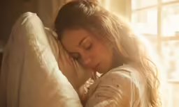 the woman is sleeping on her pillow next to the windows