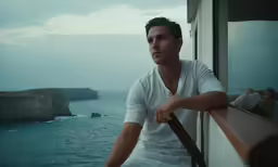 a man in white sitting at a window overlooking the ocean