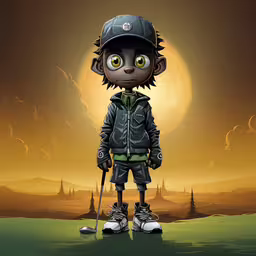 a young person with a stick standing in a field,an anime character standing on a field wearing a helmet
