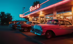 an old car parked next to several parked cars