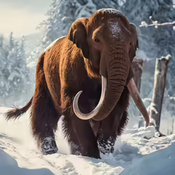 a very big cute elephant walking in the snow