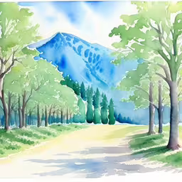 a painting of a mountain that is in the woods