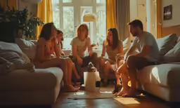 group of young adults laughing together at home