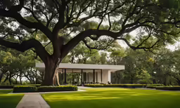 a large tree in the middle of a yard with grass