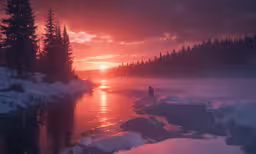 a person is standing near a body of water at sunset