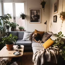 a dog lays on the sofa surrounded by plants and potted plants