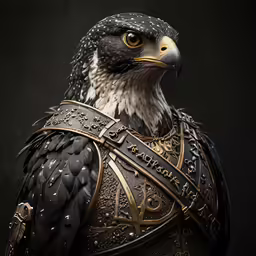 a black and gold eagle dressed in armor