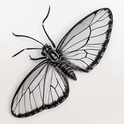 a butterfly shaped insect sitting on a white surface