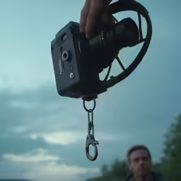 a man is holding a camera on a chain