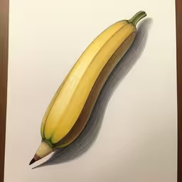 a painting of a banana has been drawn with a pencil,a pencil drawing of an banana on a white background,a pencil drawing of a banana with an overhanging edge,an image of a pencil drawing of a banana,a picture of a banana with a pencil in it