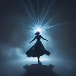 woman in long dress dancing at night time with spotlight