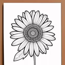 a drawing of a sunflower in black and white,a white and brown flower with green leaves