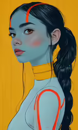 a drawing of a girl with braids and an orange ring around her neck