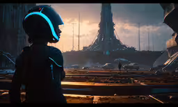 a person in a sci - fime environment is looking at the eiffel tower,the woman is looking out over an sci - fi metropolis