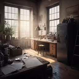 sunlight streaming through the window and onto a desk area