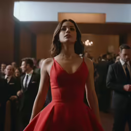 the woman in red is walking around the room