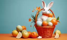 a bunny in a basket next to an assortment of fruits and vegetables