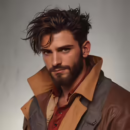 a man with a beard and mustache wearing a brown jacket