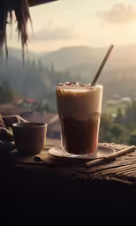 a glass cup and saucer sitting on a table with mountains in the background