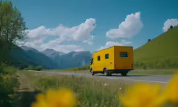 a truck driving on a road in the mountains
