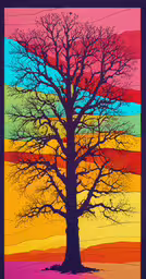 an abstract painting with a tree in the middle,a tree with multiple colored stripes in the background