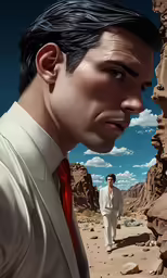 a painting of a man in white with red tie