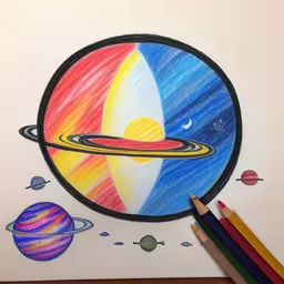 the drawing is of a rainbow saturn with an outline and its planets,a drawing of the solar system with a pencil,a drawing of a planets artwork on paper,colored crayon pencils with artwork of planets on white paper,an image of some colored pencils next to a drawing of the solar system