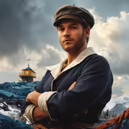 a man with his arms crossed next to an lighthouse