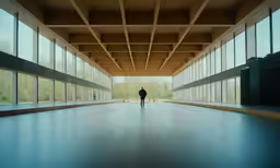 a lone man walking down an empty corridor