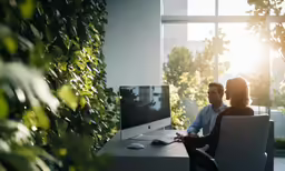 two people are sitting at a table in an office