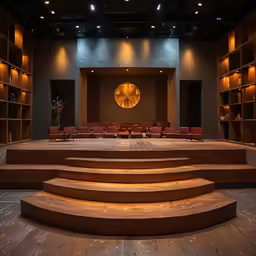 there is a stage with some red chairs on it