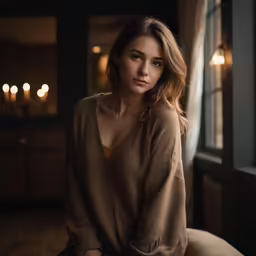 a woman sitting on a couch in front of a window