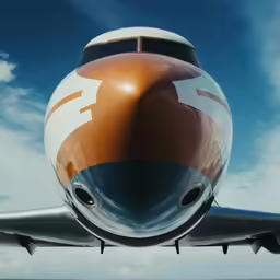 an airplane parked on the runway and in the air