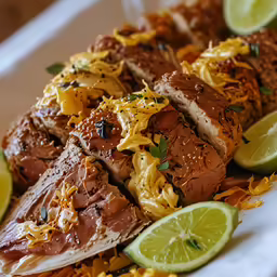 some meat with cheese and lime slices on top