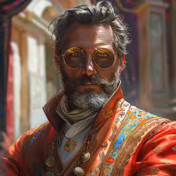 a man in a fancy outfit and sun glasses,a digital painting of a man wearing sunglasses and an orange jacket