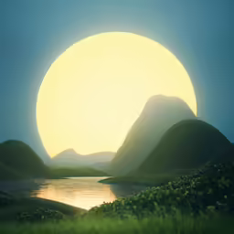 a sunlit landscape shows mountains, grassy fields, and a body of water