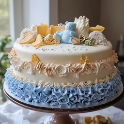 there is a white and blue cake with decorations on it