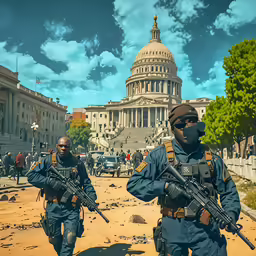 soldiers in full military uniforms walk down a street with capitol building in the background