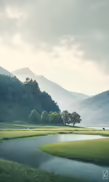 a grassy field with a river flowing through it