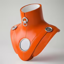 an orange sculpture sits on its side while a white disc is held in the neck