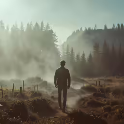 a person walking down a dirt path in the woods