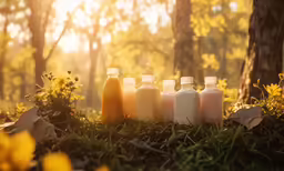 five bottles of milk standing on grass in front of trees