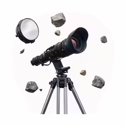 a camera and a tripod are shown, with rocks in the background