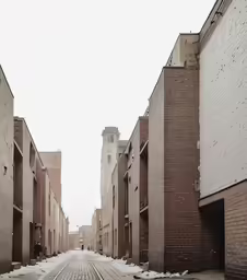 this city alley is lined with brick building