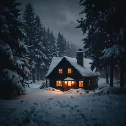 a small cottage sits alone in the middle of winter