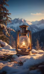 a lantern lit with candle and snow near a mountain