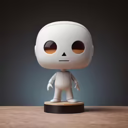a white robot figure standing on top of a wooden table