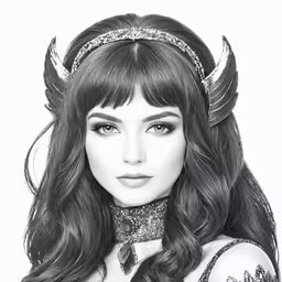 a pencil drawing of a woman wearing horns and an antlers hair band